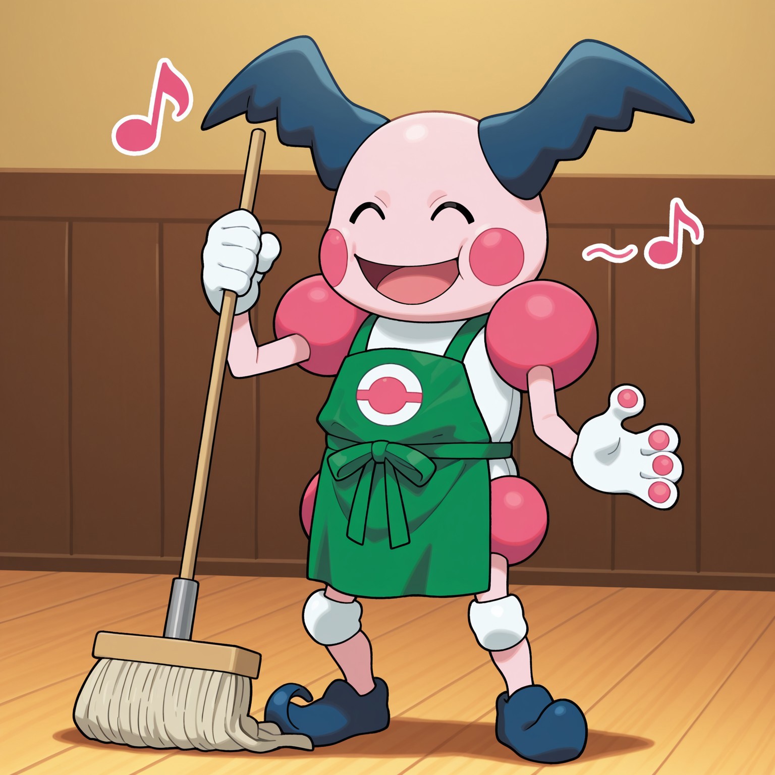Solo, pokemon (creature), black pupils, light pink skin, blue hair, pink cheek spots, noseless, pink and white body, blue footwear, white hands, white knee pads, pink finger pads, pink shoulder pads, green apron

BREAK holding broom, sweeping, indoors, eyes closed, open mouth smile, happy, musical note

BREAK best quality, amazing quality, very aesthetic, absurdres, newest, masterpiece 