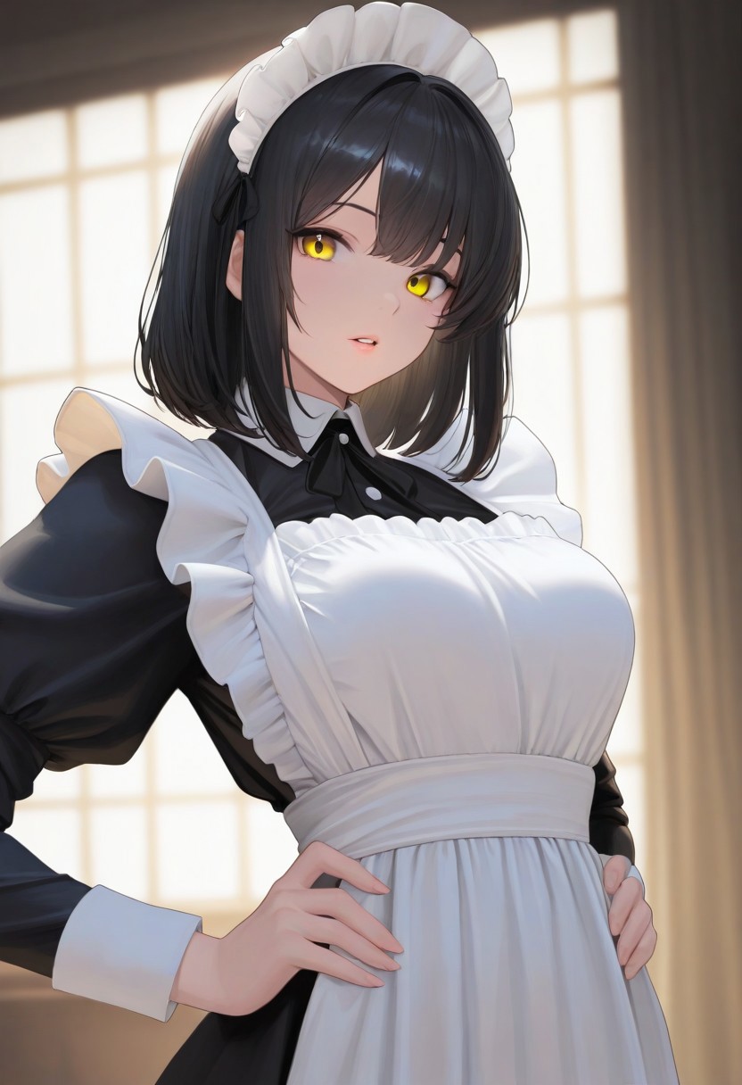 1girl, maid, black hair, medium hair, maid headdress, masterpiece, yellow eyes, kitsune, parted lips, looking at viewer, maid outfit, indoor, hands on hips, volumetric lighting, portrait, upper body,