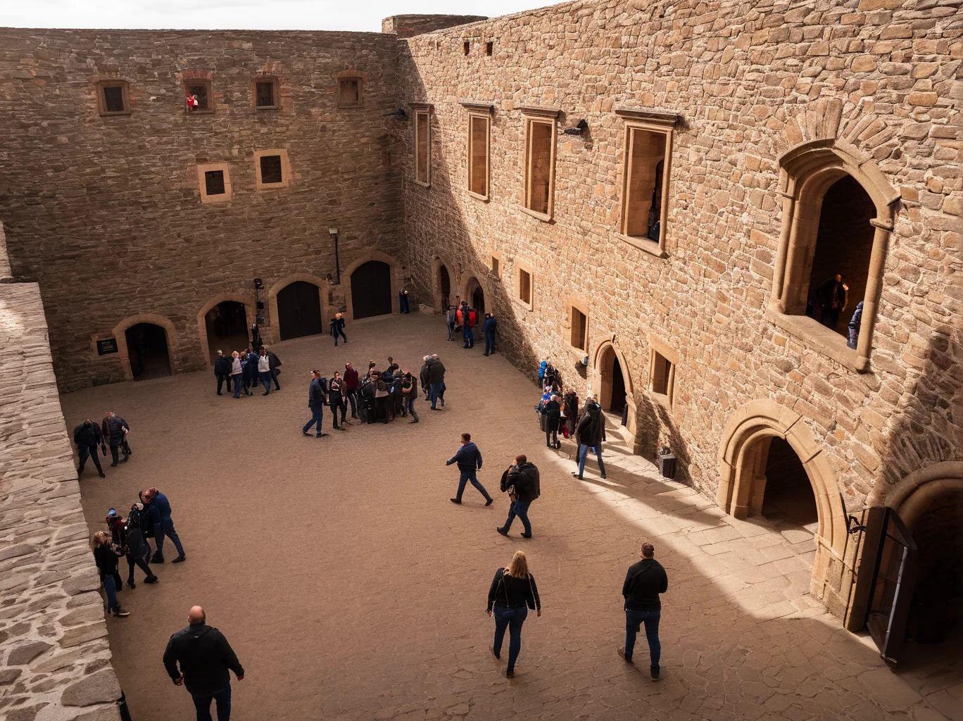 Professional photography of helfstyn castle courtyard, tourists, cinematic light, dramatic light, <lora:Helfstyn_XL:0.8>