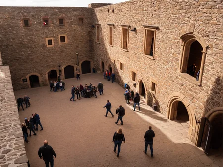 Professional photography of helfstyn castle courtyard, tourists, cinematic light, dramatic light, <lora:Helfstyn_XL:0.8>