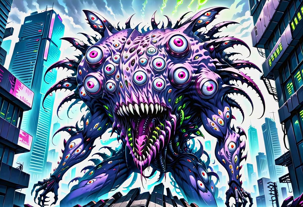 a fleshmutant creature comprised of numerous eyes and mouths climbs a skyscraper in a cyberpunk city