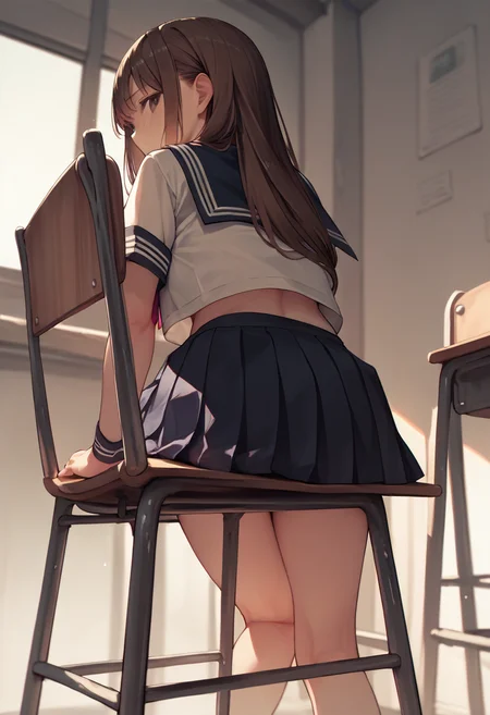 score_9, score_8_up, score_7_up, score_6_up, source_anime, <lora:ass_support_object_v0.1-pony:1> 
1girl, long hair, brown hair, serafuku, 
looking back, pleated skirt, chair,