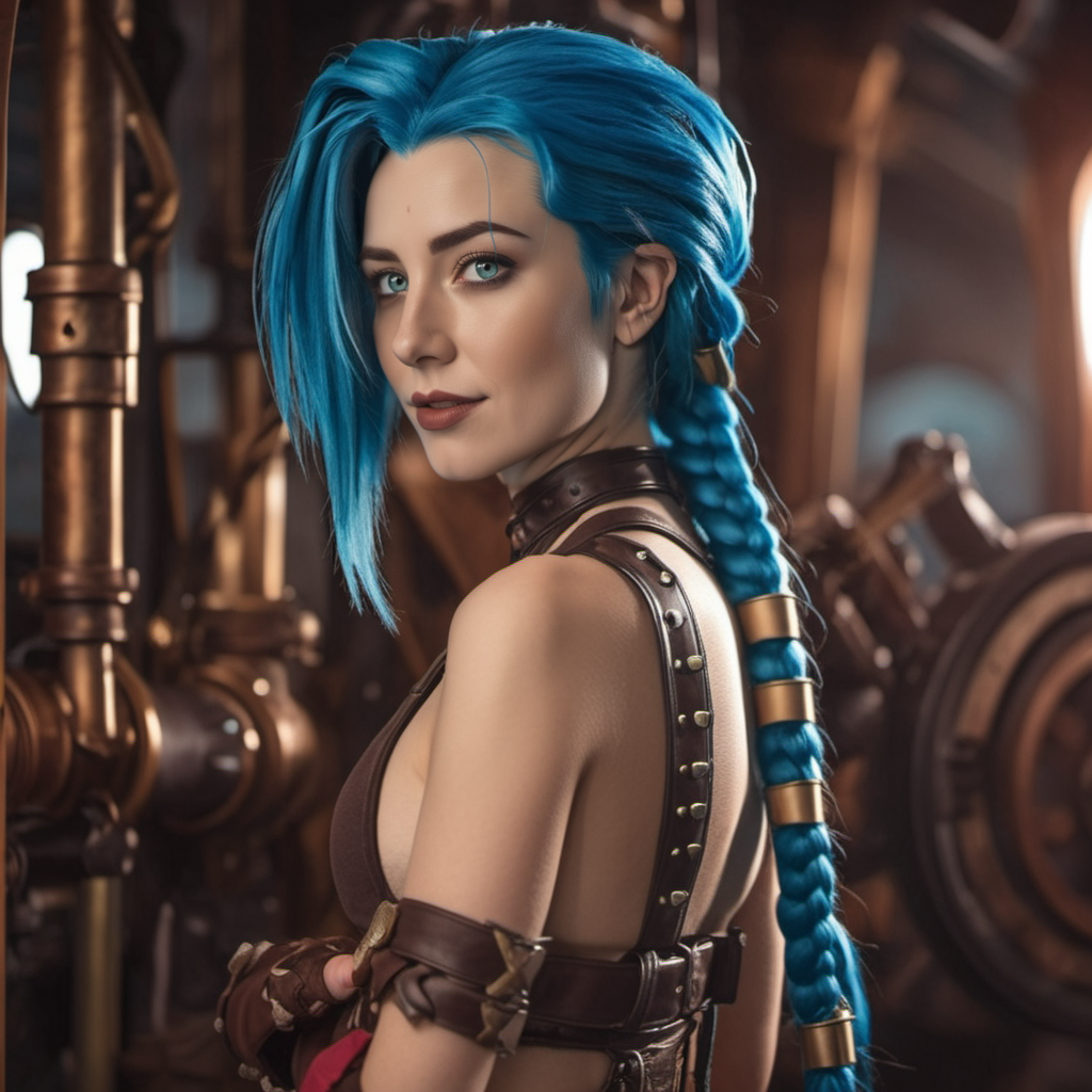 cinematic photo cinematic photo a woman,  blue hair and braids is posing for a picture, steampunk background <lora:Jinx1024-000260:0.8> . 35mm photograph, film, bokeh, professional, 4k, highly detailed
