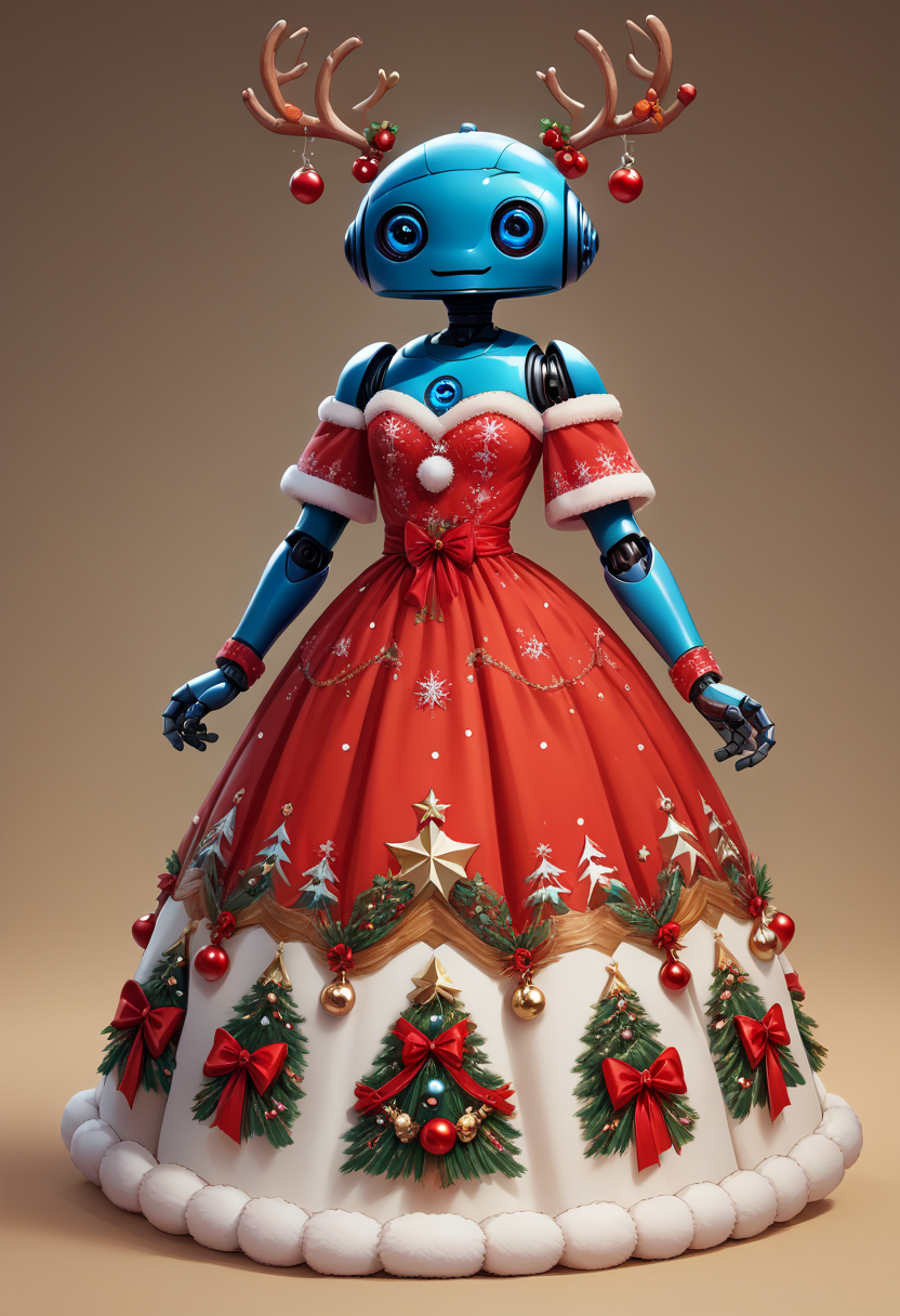 score_9, score_8_up, score_7_up, source_anime, <lora:wrenchsjoyfuljinglepdxl:0.8>,wrenchsjoyfuljingle, fur-trimmed dress, <lora:CivBotPDXL:1.0> CivBot, blue robot,solo,