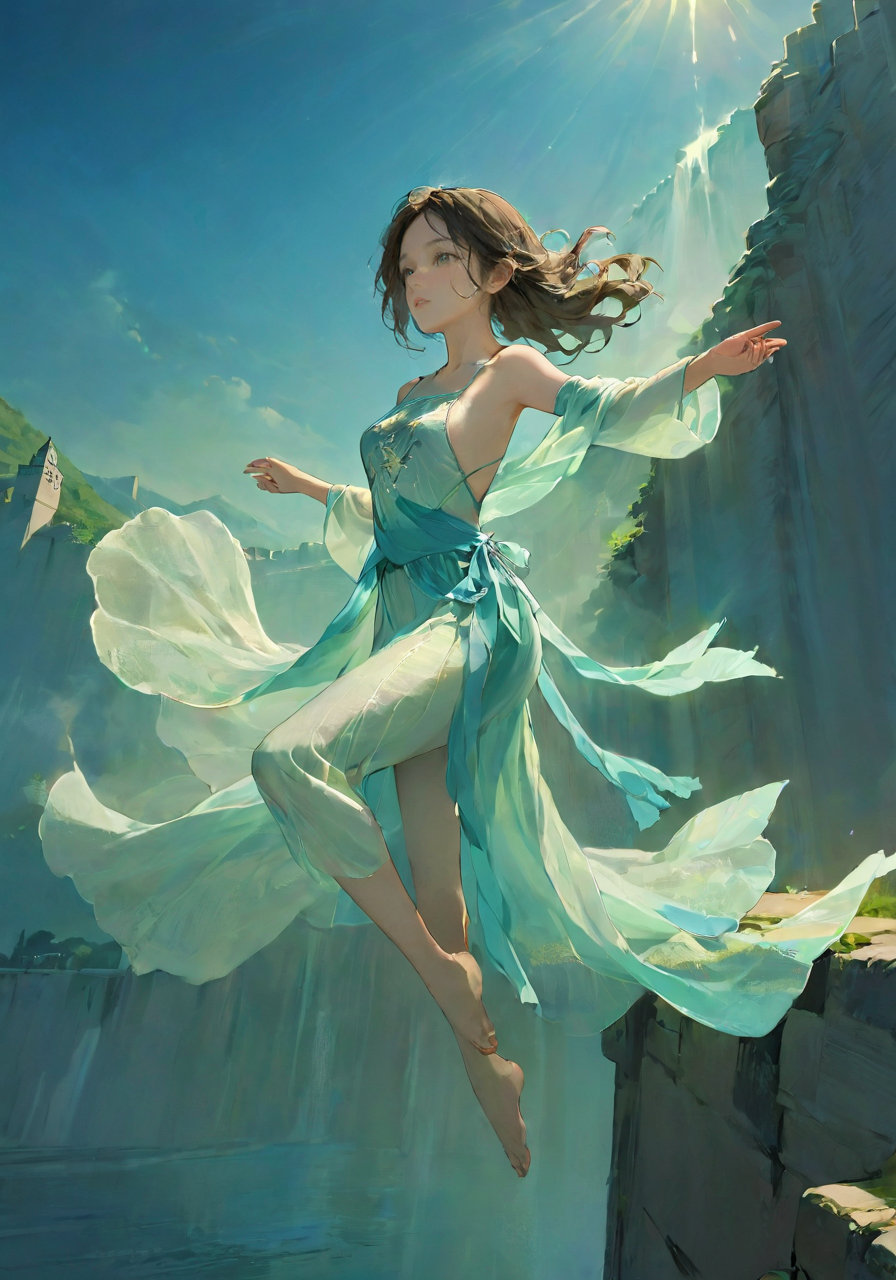 ethereal fantasy concept art of 1girl,side light,Highly detailed,sharp focus,extreme detail description,gufeng1,full body,
available light,<lora:gufeng_SDXL_1reg0_>,rim light,Volumetric Lighting,Cinematic Lighting,moody lighting,colorful sunshine,a glowing body,the background is the great wall and the lake water,<lora:dili_SDXL_1_:0.9>,dili,, magnificent, celestial, ethereal, painterly, epic, majestic, magical, fantasy art, cover art, dreamy