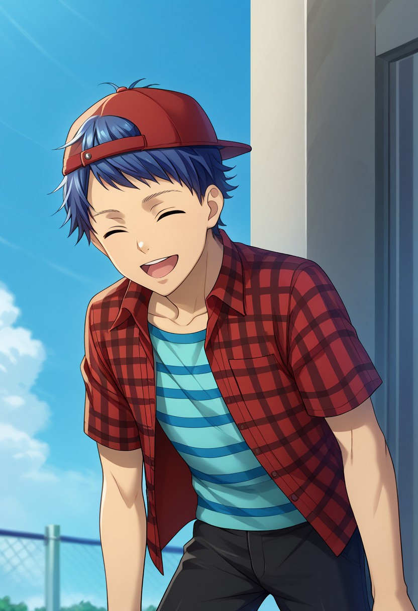 score_9, score_8_up, score_7_up, source_anime, highly detailed, 

Ichijou, 1boy, male focus, solo, blue hair, short hair, closed eyes, striped, shirt, striped shirt, plaid, plaid shirt, red shirt, open shirt, open clothes, short sleeves, pants, black pants, hat, baseball cap, red headwear, backwards hat, collarbone, short hair, open mouth, smile

outdoor, sky,
