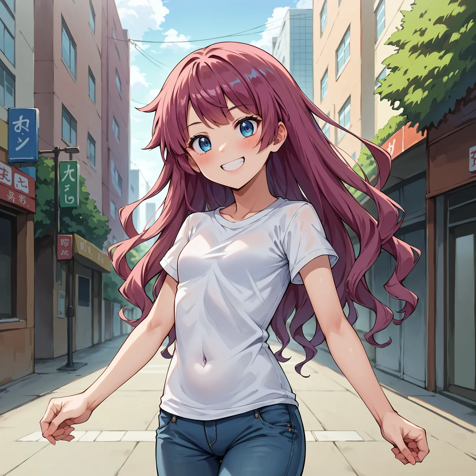 score_9, score_8_up, score_7_up, score_6_up, score_5_up, score_4_up, BREAK source_anime,POV,city,outdoor,smile,standing,<lora:Kirishima_Romin_V2:1>,kirishima romin,amaranth hair,purple hair, red hair, blue eyes,wavy hair,long hair,bangs,small breasts,white t-shirt,short sleeves,jeans,denim