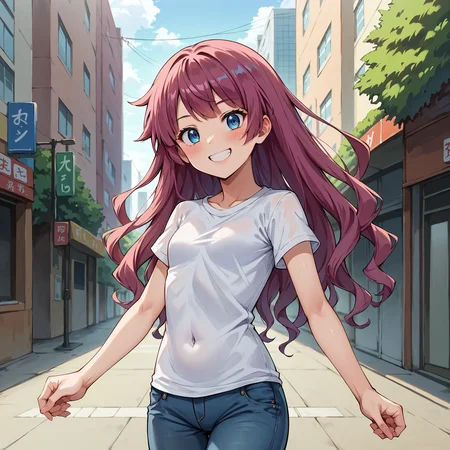 score_9, score_8_up, score_7_up, score_6_up, score_5_up, score_4_up, BREAK source_anime,POV,city,outdoor,smile,standing,<lora:Kirishima_Romin_V2:1>,kirishima romin,amaranth hair,purple hair, red hair, blue eyes,wavy hair,long hair,bangs,small breasts,white t-shirt,short sleeves,jeans,denim