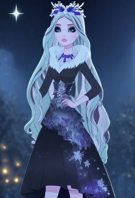 Expressiveh, (Masterpiece, best quality:1.8), score_9, score_9_up, solo, , soft shading, strong lighting, (anatomically correct), best high quality, high res, jewelry, cute, beautiful, (ultra realistic,32k, masterpiece:1.2),(high detailed skin:1.1),( high quality:1.1, (moody lighting:1.1), sexy, 1girl, crystalwinter, show accurate, ever after high, 30 years old, full body visible, seductive pose, seductive look, orgasmface, face focus, long hair, hair ornament, wavy hair, messy hair,  breasts,  black satin dress, cleavage, black long sleeves, long skirt, feet visible, black pantyhose, pantyhose, niceheels, black heels, peep toe stiletto heels, irl, realistic style, park background,  night time, stars,  NSFW, BadDream,