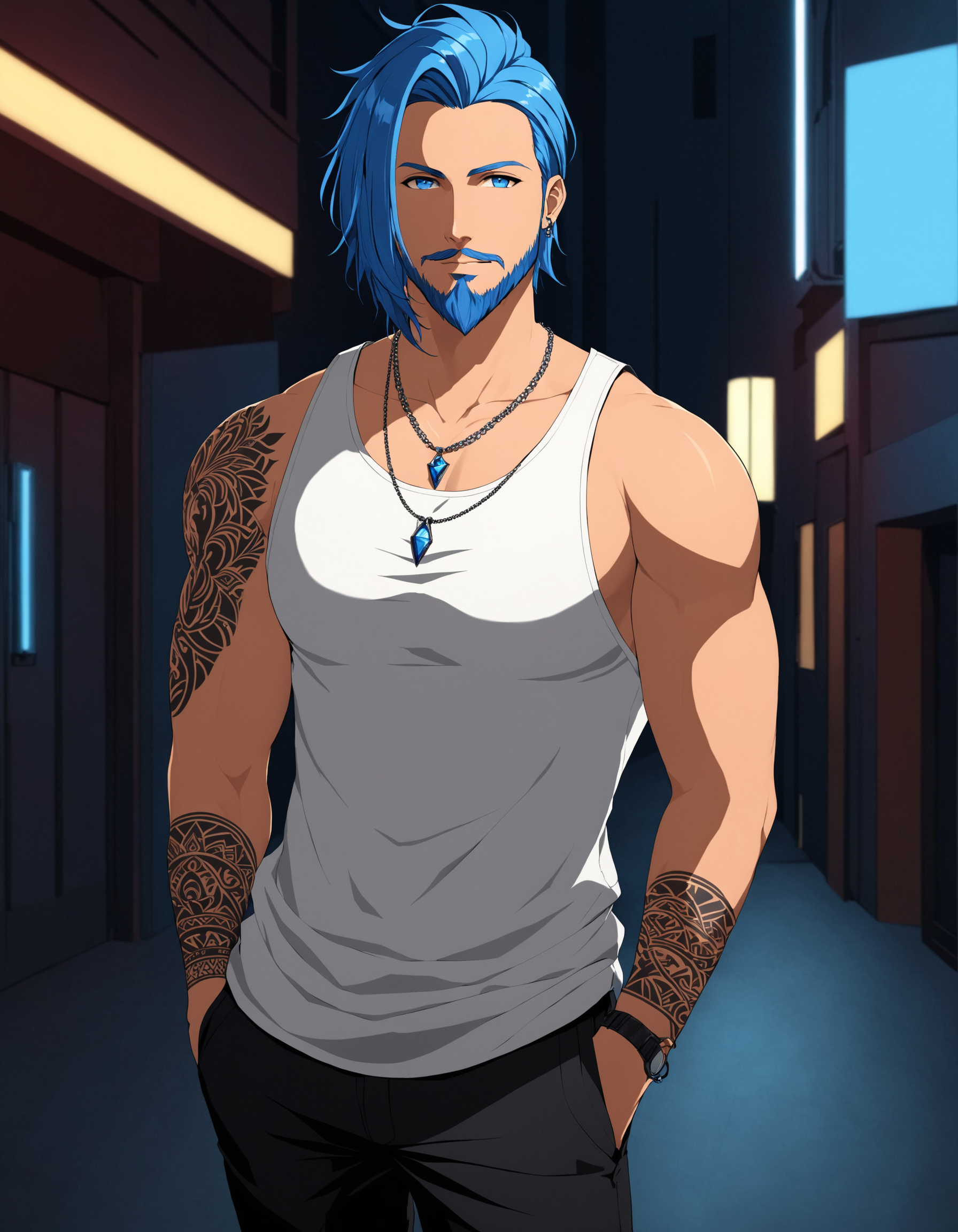 1boy, Aeron X'voor, slsxl style, solo, looking at viewer, blue eyes, shirt, jewelry, blue hair, jacket, white shirt, male focus, open clothes, pants, necklace, off shoulder, open jacket, tattoo, facial hair, tank top, beard, hands in pockets, stubble, cinematic lighting, cinematic angle, masterpiece, best quality , <lora:SL_SDXLv1:0.5>