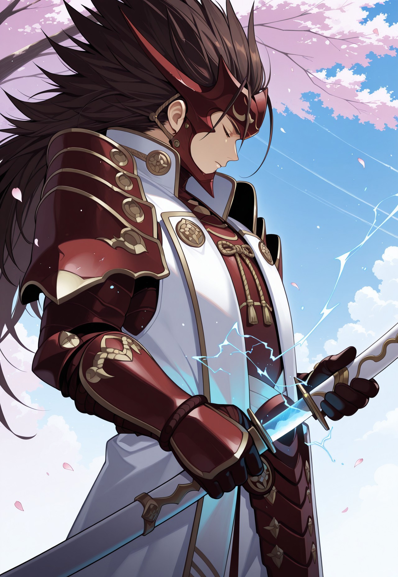 safe_pos, safe_pos, masterpiece, best quality, newest, extreme detail description, amazing quality, 1boy, solo, ry0m4_fe, brown hair, black eyes, long hair, spiked hair, Japanese armor, shoulder armor, gauntlets, gloves, helmet, white pants, katana, from side, unsheathing, scabbard, electricity, closed eyes, trees, cherry blossom petals, outside, blue skies, from side