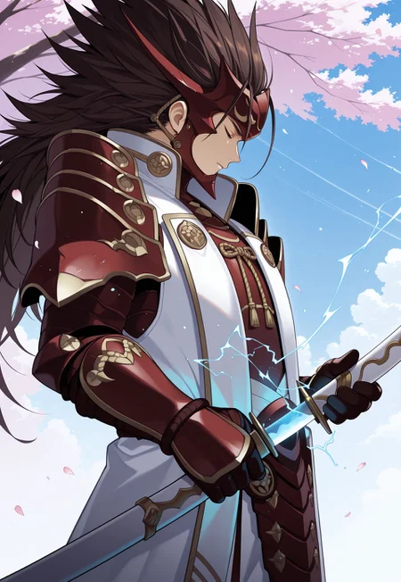 safe_pos, safe_pos, masterpiece, best quality, newest, extreme detail description, amazing quality, 1boy, solo, ry0m4_fe, brown hair, black eyes, long hair, spiked hair, Japanese armor, shoulder armor, gauntlets, gloves, helmet, white pants, katana, from side, unsheathing, scabbard, electricity, closed eyes, trees, cherry blossom petals, outside, blue skies, from side