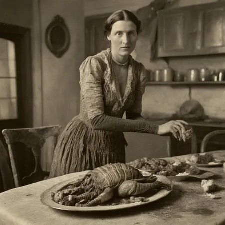 daguerreotype of circa 1850 woman, putting a platter of roasted alien turkey trilobites on a dirty dining table, in old kitchen, wearing a cotton revealing sexy dirty old ripped dress made of cotton, detailed face, monsters, intricate detail