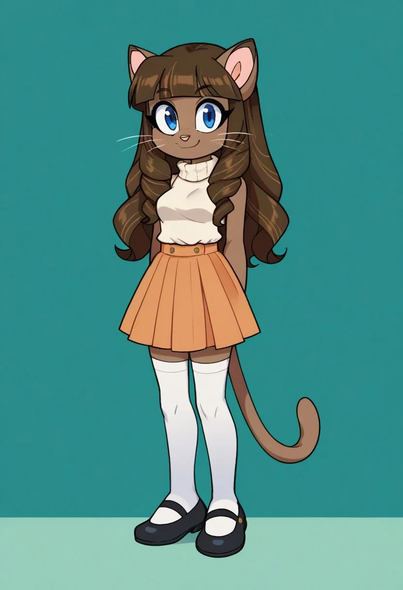 score_9, score_8_up, score_7_up, score_6_up, score_5_up, score_4_up, j3n, 1girl, solo, Full body, female, ivy, blonde long hair, braids, blunt bangs, blue eyes, no human, furry, brown furr, cat ears, tail, pleated skirt, white shirt, orange skirt, white thighhighs, sleeveless, turtleneck, black mary janes, smile, standing, legs together, arms at sides