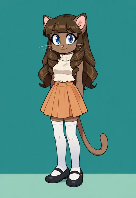 score_9, score_8_up, score_7_up, score_6_up, score_5_up, score_4_up, j3n, 1girl, solo, Full body, female, ivy, blonde long hair, braids, blunt bangs, blue eyes, no human, furry, brown furr, cat ears, tail, pleated skirt, white shirt, orange skirt, white thighhighs, sleeveless, turtleneck, black mary janes, smile, standing, legs together, arms at sides