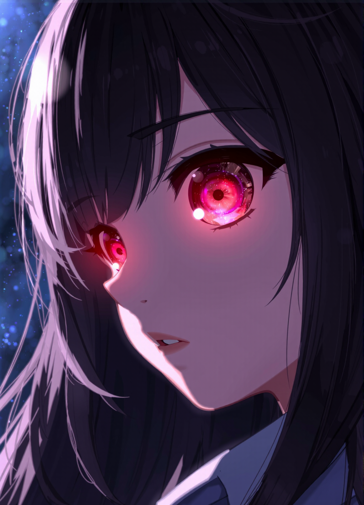 girl, masterpiece, highres, best quality, perfect eyes, very detailed, amazed, the universe is reflected through her eye, realistic anime artwork, bright red eyes, dark night, bright sky