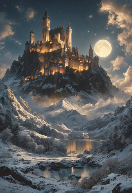 A captivating night scene illustration featuring a grand yet comfortable fortified castle standing tall on a rocky and snowy mountain. The castle, adorned with multiple windows, emits a warm glow, highlighting its intricate architecture and rich history. The snow mountain is covered in great pine trees, reflecting on the calm, moonlit snow that mirrors the silvery moonlight. The full moon graces the sky, casting an ethereal glow on the clouds and mountain, while wispy clouds partially obscure its brilliance, adding to the scene's mystique. Twinkling stars dot the sky, creating a celestial tapestry that harmonizes with the moon's radiance. This enchanting artwork captures a serene and peaceful night, where the illuminated castle stands resolute amidst the celestial beauty, creating a cinematic experience., illustration, cinematic
<lora:DonM3t3rn1tyXL-v1.1:0.7>, DonM3t3rn1tyXL,
OverallDetailXL <lora:MJ52:0.3> <lora:SDXLFaeTastic2400:0.4> <lora:EpicF4nta5yXL:0.7>