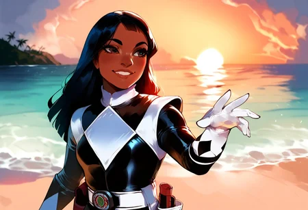 score_9, score_8_up, score_7_up, cinematic, dramatic, smile , determinated look, waves, , masterpiece, beautiful,upper body, Alilo,dark skin,brown eyes,black hair, long hair,bangs, big nose,battle pose,BlackPowerranger,Tight suit, diamond patterns, white gloves,,helmet, black accents, white belt, vibrant color, white boots,black colored suit,Holster
, outdoor, standing, front view,warm light style, beach, sunset,