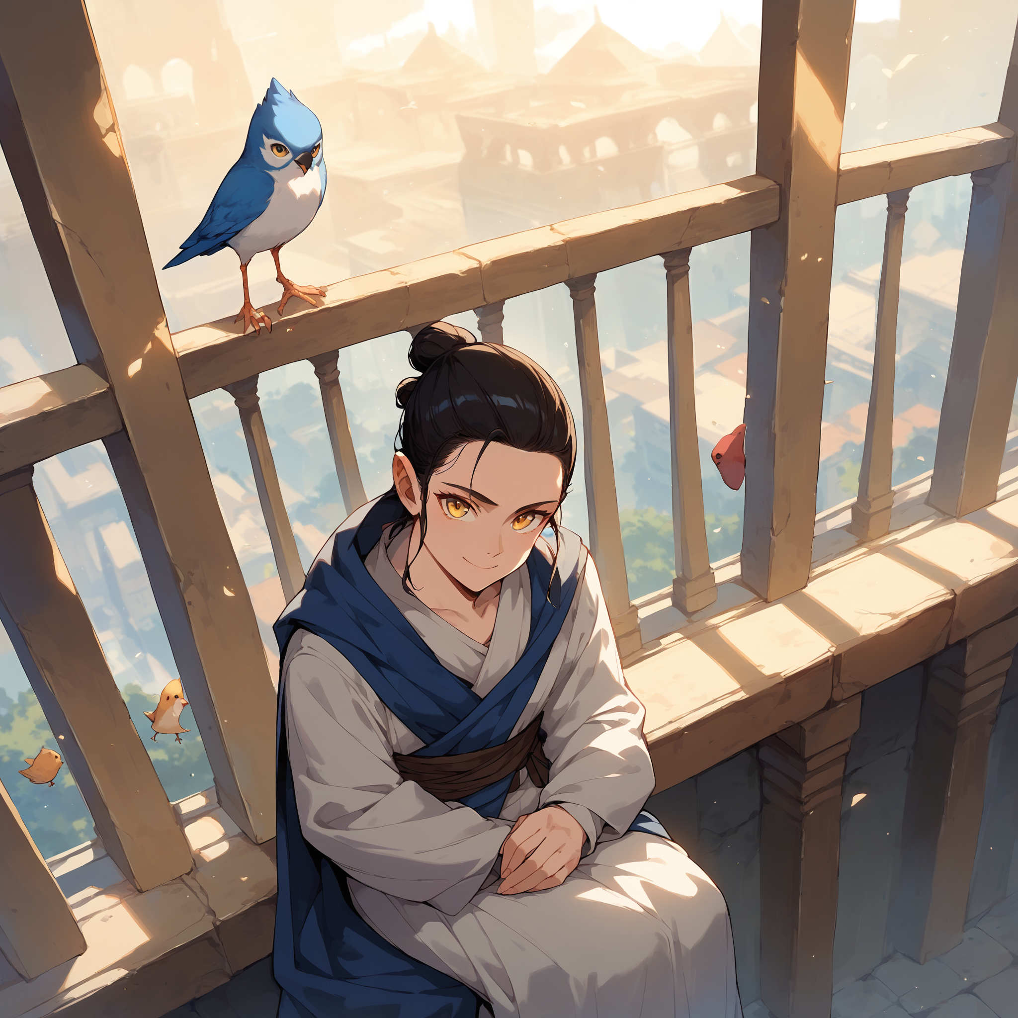 (score_9,score_8_up,score_7_up,score_6_up,score_5_up,score_4_up),   <lora:add-detail-xl:1]0.8>
best quality,masterpiece,  <lora:ReyXl:0.8>, Rey, 1boy, yellow eyes, black hair, unaestheticXL_Alb2, magic,  <lora:aesthetic_anime_v1s:0.8>, 
 sitting on edge of balcony, birds eye view, looking up at viewer, smile, long way down,  epic,  <lora:detailed_notrigger:0.8>,   <lora:add-detail-xl:1>