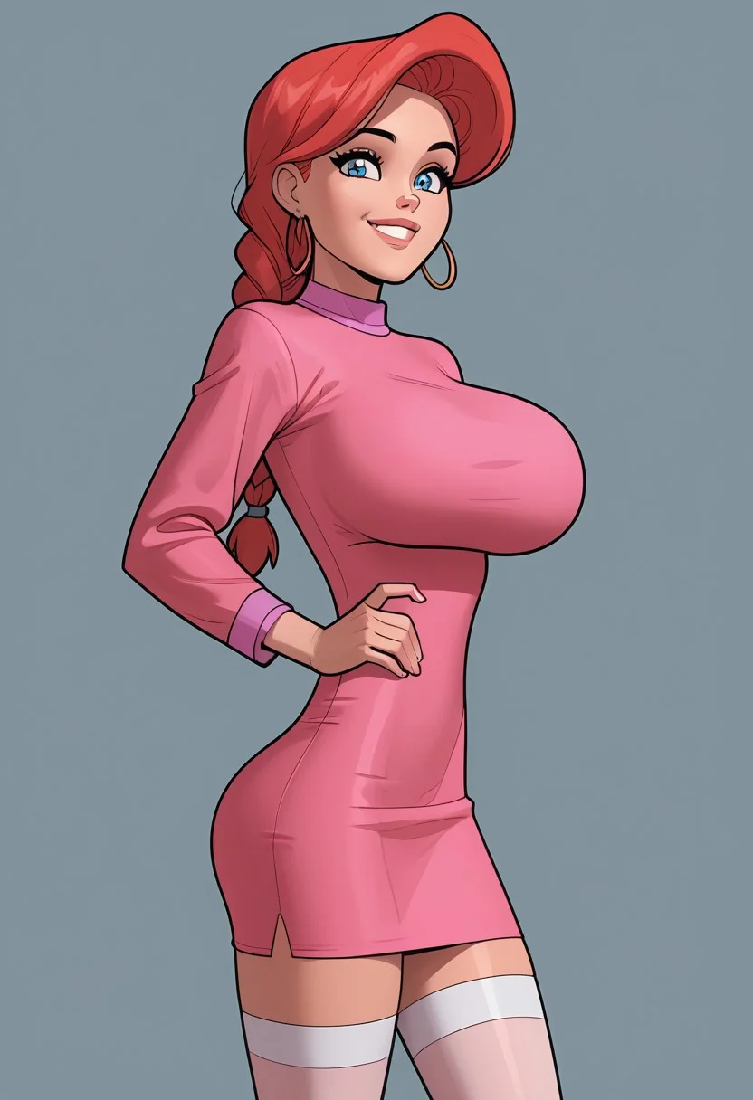 masterpiece,best quality, highly detailed, score_9, score_8_up, score_7_up, score_6_up, score_5_up, score_4_up, Expressiveh, M4ndy_St3rl1ng, red hair, single braid, blue eyes, large breasts, pink dress, smiling, thighhighs, petite, short,