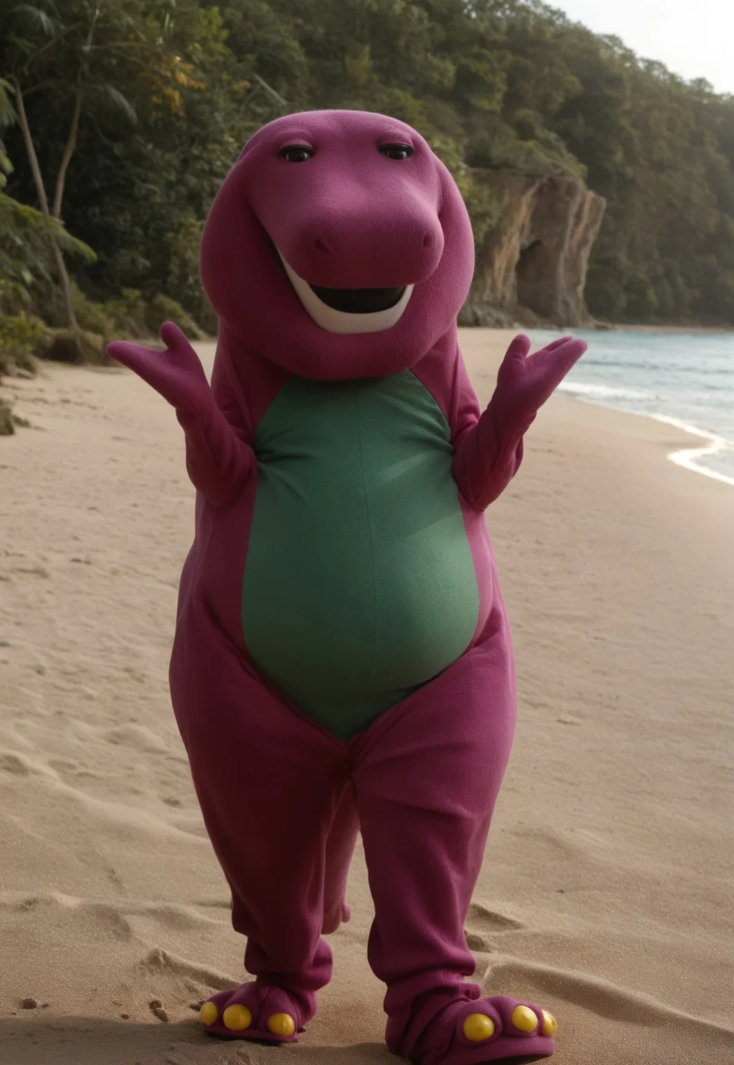 barneydinosaur, score_9, score_8_up, score_7_up, score_6_up, score_5_up, score_4_up, source_furry, hi res, sfw, photorealistic, realistic, photo, solo, 1boy,
anthro, biped, dinosaur, scalie, tyrannosaurus rex, purple body, green belly, green spots, spots on back, three toes, yellow claws, short tail, fat, chubby, mascot suit, plush costume, white teeth, black eyes, short arms, (((two fingers))), thick legs, open eyes,
standing, waving, looking at viewer, smile,
on a beach, water, sand, daylight, outdoors, ((vivid colors:1.6)), fantasy lighting, high saturation, cheerful, (((illuminated)))