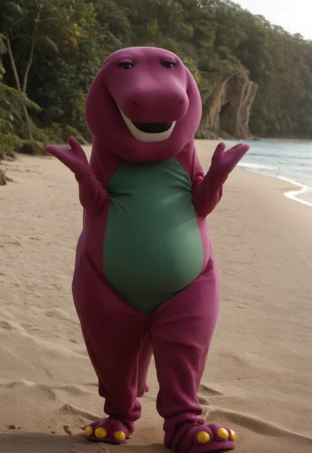 barneydinosaur, score_9, score_8_up, score_7_up, score_6_up, score_5_up, score_4_up, source_furry, hi res, sfw, photorealistic, realistic, photo, solo, 1boy,
anthro, biped, dinosaur, scalie, tyrannosaurus rex, purple body, green belly, green spots, spots on back, three toes, yellow claws, short tail, fat, chubby, mascot suit, plush costume, white teeth, black eyes, short arms, (((two fingers))), thick legs, open eyes,
standing, waving, looking at viewer, smile,
on a beach, water, sand, daylight, outdoors, ((vivid colors:1.6)), fantasy lighting, high saturation, cheerful, (((illuminated)))
