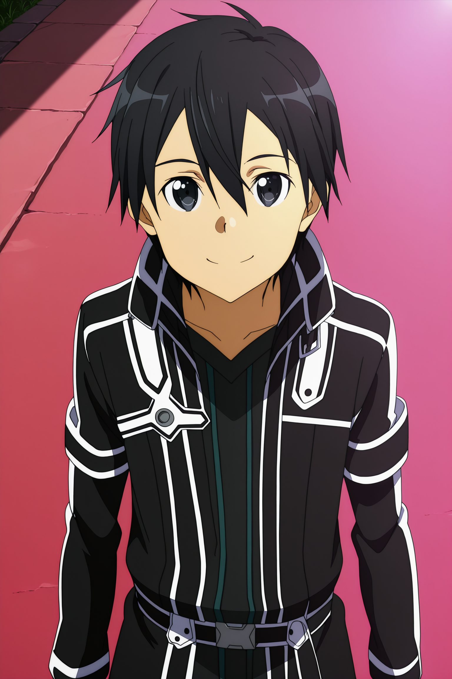 anime screencap, anime coloring, official style, perfect lighting,
<lora:Asuna_Yuuki_Suguha_Kirigaya_and_Kirito_Kazuto_Kirigaya_Sword_Art_Online_-_Illustrious_V2:.9>
outside,
Kazuto Kirigaya (character), kirito, black hair, black eyes, 1boy, solo, fingerless gloves, gloves, male focus, black gloves, looking up at the viewer, smiling,