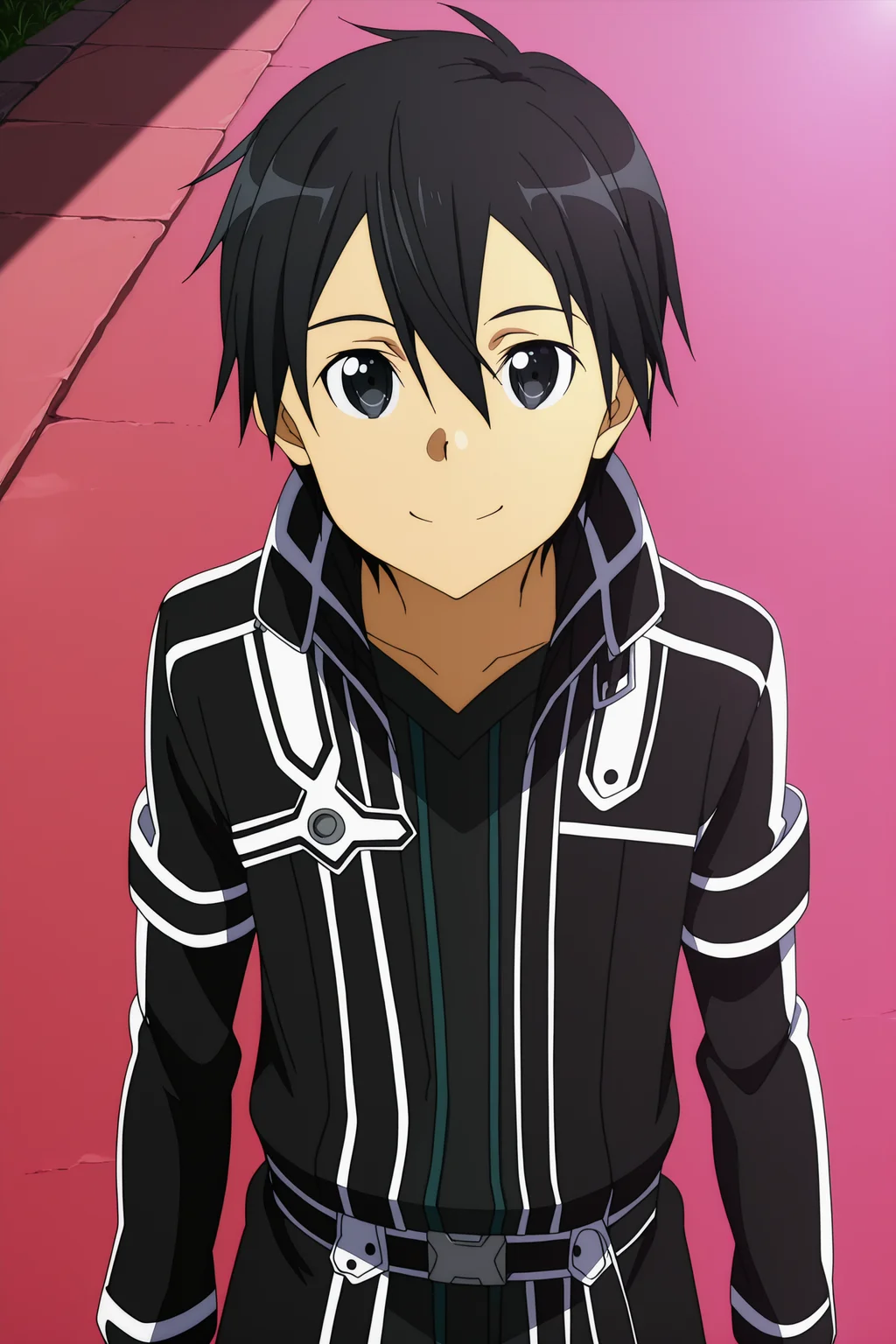 anime screencap, anime coloring, official style, perfect lighting,
<lora:Asuna_Yuuki_Suguha_Kirigaya_and_Kirito_Kazuto_Kirigaya_Sword_Art_Online_-_Illustrious_V2:.9>
outside,
Kazuto Kirigaya (character), kirito, black hair, black eyes, 1boy, solo, fingerless gloves, gloves, male focus, black gloves, looking up at the viewer, smiling,