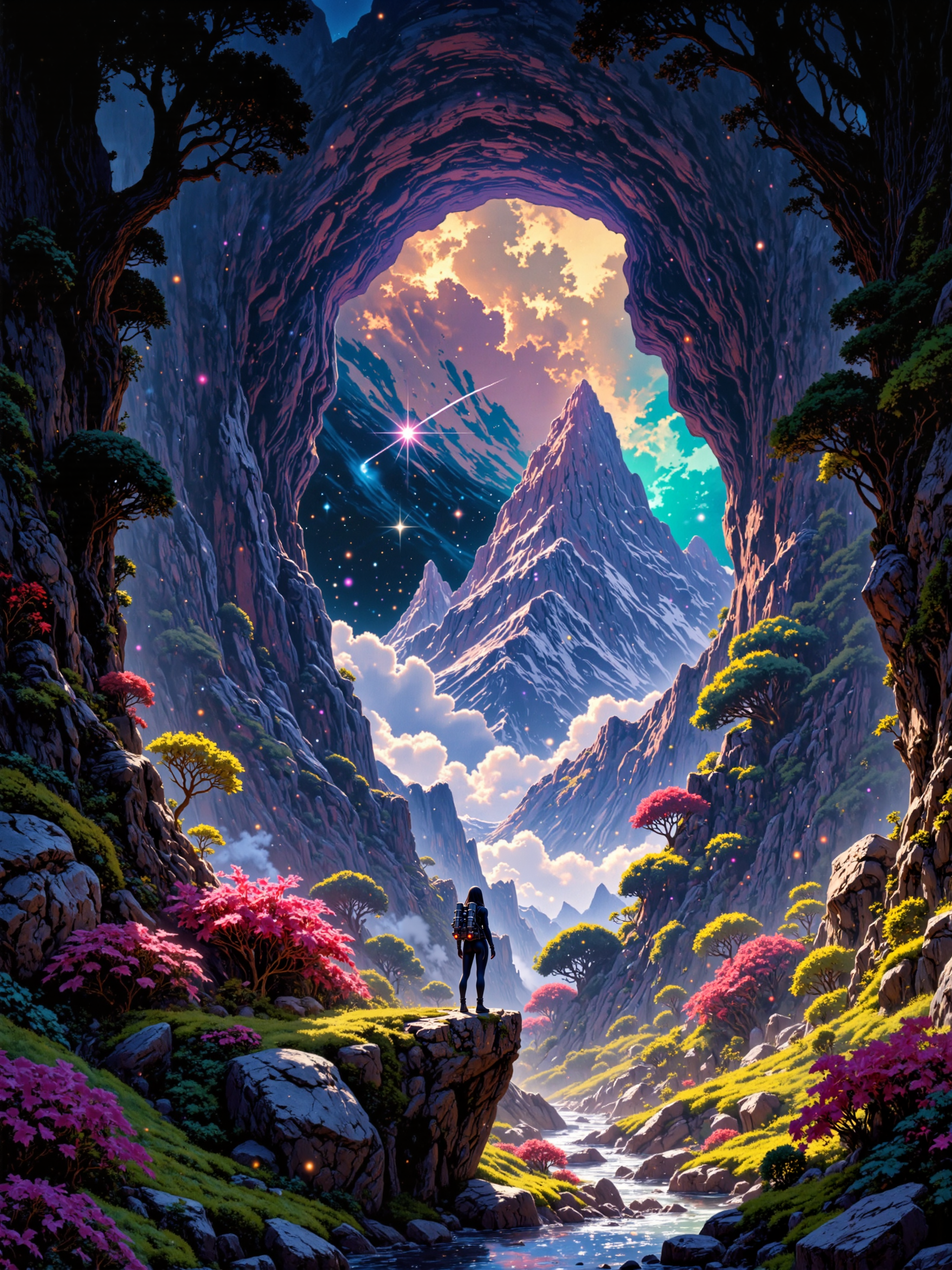 famous artwork inspired by kev walker, science fiction, highly detailed, hyper-realistic, ultra-high-resolution, movie poster style, extraterrestrial jungle landscape under a galactic nebula at night, dark corners, dim lighting, very aesthetic and atmospheric, highly detailed environment, mesmerizing and otherworldly, masterful use of light and shadow, grand composition, epic, fractal patterns in the plants and arch, the central focus is an immense, overgrown rock arch covered in lush jungle vegetation and glowing mineral veins in the middle ground, its sheer size and intricate details commanding attention, the arch is draped in jungle trees and exotic flora, gnarled roots and ancient vines cascading over its edges, delicate moss and bioluminescent flowers clinging to its surface, shimmering softly in the moonlight, veins of glimmering minerals run through the archâs rugged stone sides, where it isn't fully covered in plants, the veins are refracting the dim light into color gradient hues, as if the rock itself is infused with cosmic energy, creating an enchanting interplay of light and texture, the archâs curvature frames the sky beyond, its towering silhouette adding a dramatic focal point to the composition, a female galactic explorer in a form-fitting dark bodysuit wearing a large futuristic jetpack stands on a moss-covered rock ledge, gazing in wonder at the scenery, the foreground is rich with wondrous extraterrestrial flora, various patches of tiny colorful herbs, a few bushes carrying berries and moss, a tranquil river winds through the valley, reflecting the night sky and arch, scattered fireflies drift lazily through the air, distant mountains fade into a soft atmospheric haze, their silhouettes blending seamlessly into the dreamlike expanse, the composition is perfectly balanced, the lone woman adding a human element to the vast, surreal landscape, the use of light is masterful, with deep contrasts between the nebula sky and shadowy rock formations, the entire scene exudes a sense of tranquil wonder and cosmic mystery, a dreamlike untouched primordial world, the image is rendered in ultra-detailed cinematic realism, inspired by fantasy and science fiction art, blending elements of classical landscape painting with futuristic elements, richly textured materials, volumetric lighting, a sense of endless exploration and infinite possibility, cobalt blue and burgundy and royal purple and sea green and ivory and vanilla yellow, ovg, mythp0rt, r3alisticf, g0thicl1nes <lora:style-mythic_fantasy-v2-flux-by_velvets:0.6> <lora:style-mythic_fantasy-realistic-flux-by_velvets:0.6> <lora:style-mythic_fantasy-gothic_lines-flux-by_velvets:0.6>
