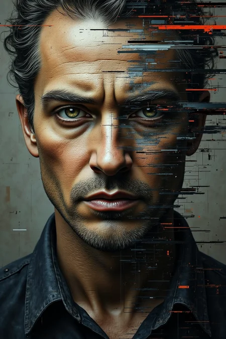 A man with intense eyes and a weathered face, captured in muted oil tones, but one side of his expression is interrupted by glitch noise and jagged data corruption.