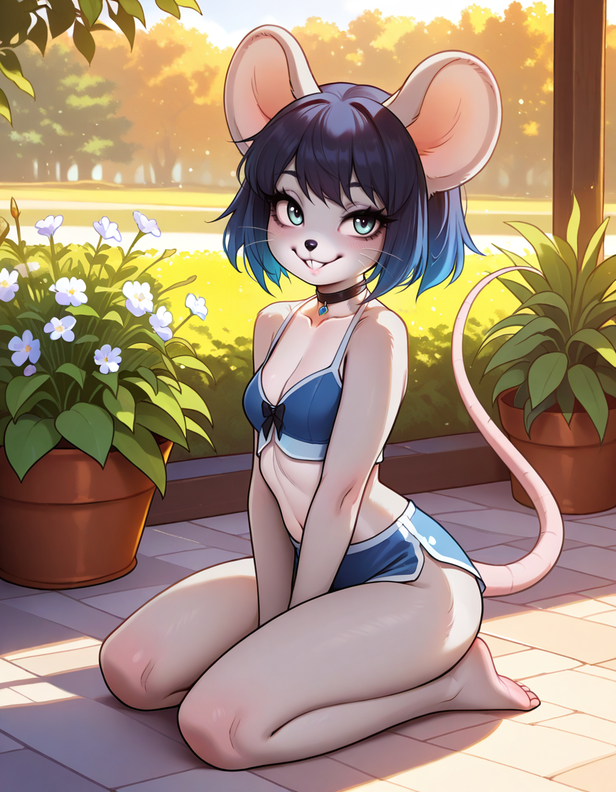 masterpiece, best quality, very aesthetic, absurdres,
outdoors, full body, seductive smile, long eyelashes, 
 <lora:Sharabesque_v01_NAIXL:1>,
Sharabesque,1girl,solo,furry female,mouse girl,mouse ears,black hair,short hair,bangs,blue hair,animal nose,whiskers,buck teeth,mouse tail,