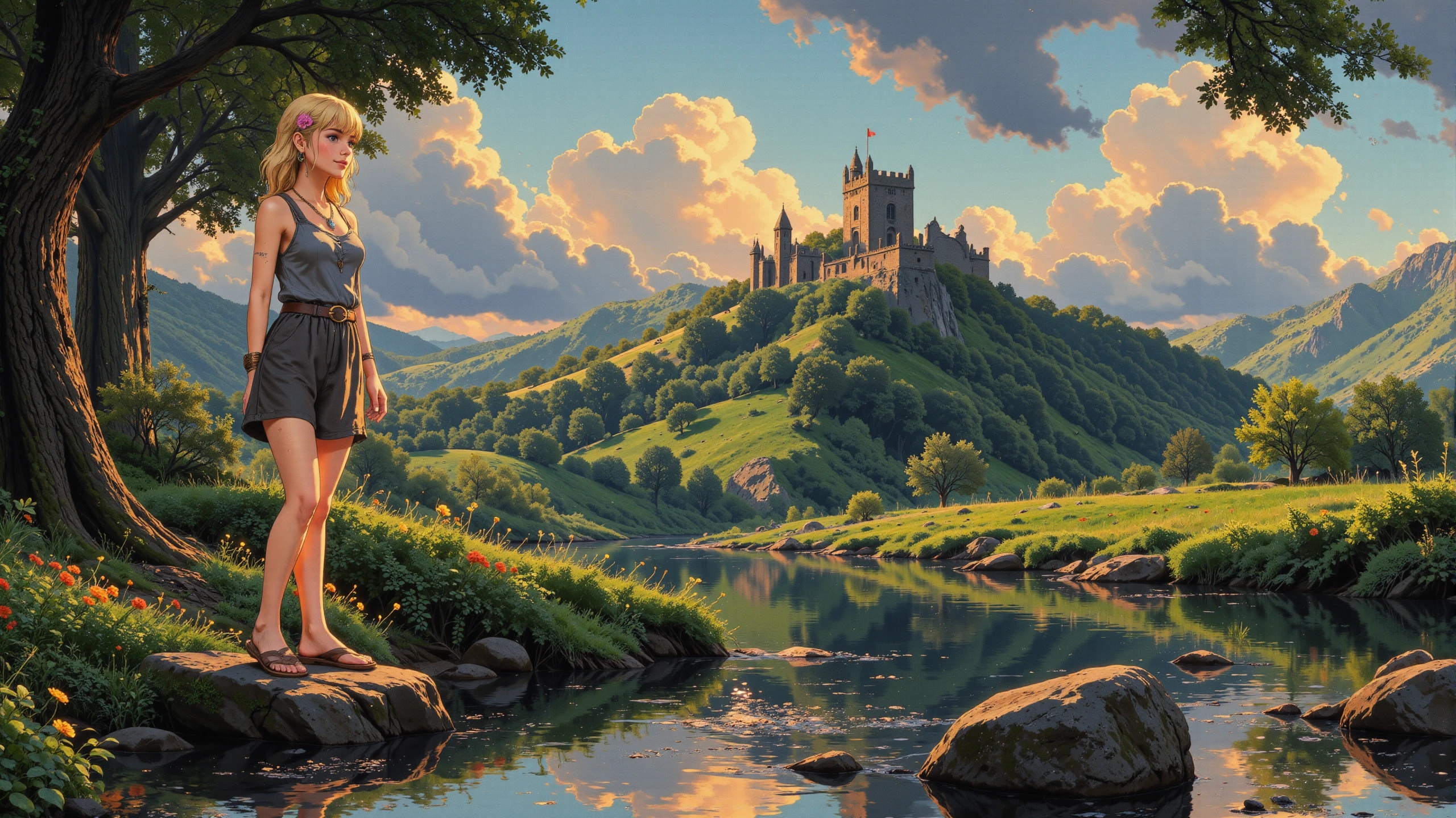 razor cut medium blonde hair young woman, druid, anime, illustration, extremely detailed, portrait, standing, happy smile, flower in hair, glossy lipstick, celtic necklace, line earrings, loincloth, sandals,  Steel Gray druid short dress, legs, sharp focus, fantasy, celtic landscape, small rock, moss, ripples, reflections, celtic  castle, small river pond, druid forest, druid village, stunning nature environment, enchanted land, clovers, Bright Gun Smoke Gray flowers, best quality, colorful, wet floor, bright sunny sky, sunset, raytracing, hdr, high contrast, ethereal natural lights, backlight, lens flare, shadows, vibrant colors, colorful, pretty, beautiful, happy, smiling, feminine, sexy, lovely, in love, adorable, fashion,  <lora:Hand v2:1> <lora:Anti-Blur:1><lora:Insane Detail Slider:0.5>  <lora:flux.1_lora_flyway_Epic-detail_v2:0.3><lora:fluxenhancer:0.5> <lora:RetroAnimeFluxV1:0.4> <lora:Luminous_Shadowscape:0.4> <lora:SujatmikoArafuru_Flux:0.2> Suzume style