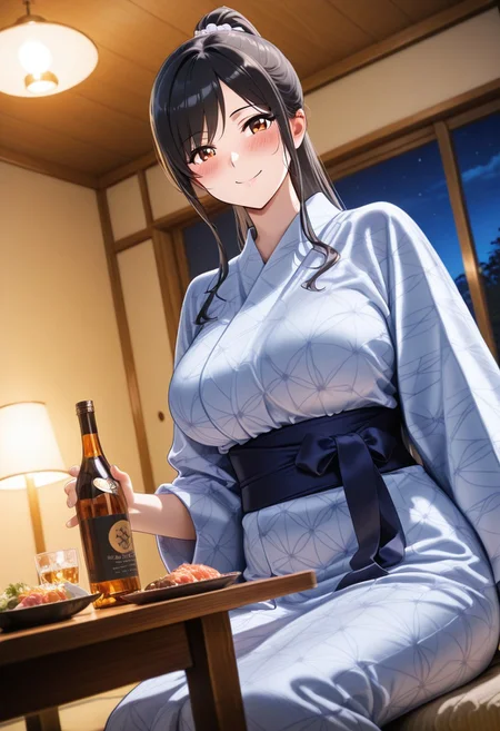 masterpiece, best quality, good quality, very aesthetic, absurdres, newest, 1girl, solo, Anime screenshot, 1girl, solo, very large breasts, slim waist, very sexy body, curvy, black hair, long hair, forward swept bangs, brown eyes, cute face, blush, breasts,
yukata, high ponytail, long ponytail,
sitting, smile, eyes open, dutch angle, holding alcohol bottle, blush,
ryokan background, indoors, ryokan, scenery, low table, window, ceiling light, lamp, night, ryokan, interior light, soft light,
<lora:heyashoku:0.7>, heyashoku, food, table, drinking from bottle, <lora:drinking_illustrious_V1.0:0.8>, drinking,