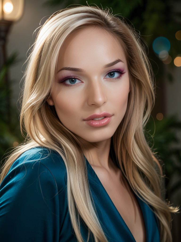 score_9, score_8_up, score_7_up, Khlo3H4rt, Khloe Hart, <lora:Khlo3H4rt-pony:1>,  1girl, makeup, lips, long hair, big lips, parted lips, lipgloss, teeth, (bobbed hair), blonde hair, blue blouse, portrait, solo, looking at viewer, bokeh, focus, film, velvia, artistic, best quality, photograph, focus