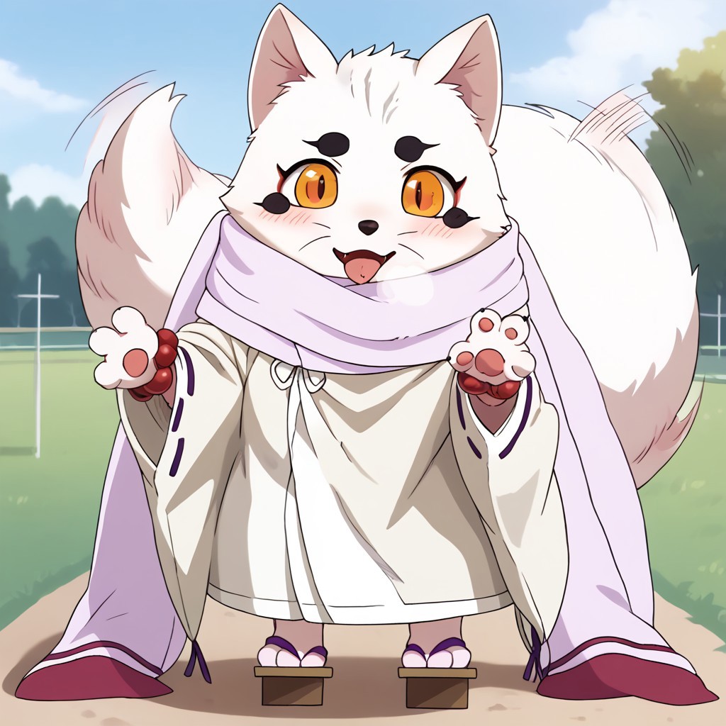 source_furry,source_anime,rating_safe, moe, cute, score_10, score_9_up, score_8_up, score_7_up, score_6_up, masterpiece, best quality, good quality,beautiful landscape, Romantic,full body,background:playground,blue_sky,sky,BREAK, ((solo,1girl,female,girly)),canid,Small Body, (chibi:0.7),Furry,overweight_female,((petplay,pet play,dog play)),begging,
looking happy,cute face,smile,blush,looking pleasured,open mouth, loving expression, 
tongue out,torogao,in_heat,heavy_breathing,nose blush, drooling, fluffy fur, white fur, white body, 4 fingers, 4 toes, flat chested,fluffy_tail,circle_eyebrows, Haru \(Gingitsune\), furry, fox spirit,big eyes,(big open eyes,round eyes),amber eyes,black slit pupils, versized_clothing, japanese_clothing,(white kimono:0.7),oversized robe,(white robe:1.5),[Purple patterned robe],(scarf,white scarf:1.5),bead bracelet, purple bead bracelets,raised robe,open robe,open kimono,((open topwear:1.5)),navel, fundoshi,
collar,leash,((tailwag)), (((motion lines))),