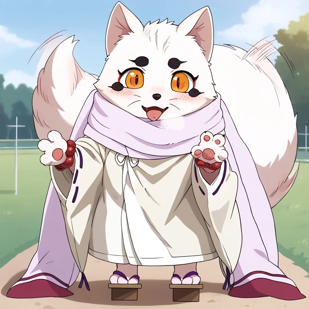 source_furry,source_anime,rating_safe, moe, cute, score_10, score_9_up, score_8_up, score_7_up, score_6_up, masterpiece, best quality, good quality,beautiful landscape, Romantic,full body,background:playground,blue_sky,sky,BREAK, ((solo,1girl,female,girly)),canid,Small Body, (chibi:0.7),Furry,overweight_female,((petplay,pet play,dog play)),begging,
looking happy,cute face,smile,blush,looking pleasured,open mouth, loving expression, 
tongue out,torogao,in_heat,heavy_breathing,nose blush, drooling, fluffy fur, white fur, white body, 4 fingers, 4 toes, flat chested,fluffy_tail,circle_eyebrows, Haru \(Gingitsune\), furry, fox spirit,big eyes,(big open eyes,round eyes),amber eyes,black slit pupils, versized_clothing, japanese_clothing,(white kimono:0.7),oversized robe,(white robe:1.5),[Purple patterned robe],(scarf,white scarf:1.5),bead bracelet, purple bead bracelets,raised robe,open robe,open kimono,((open topwear:1.5)),navel, fundoshi,
collar,leash,((tailwag)), (((motion lines))),