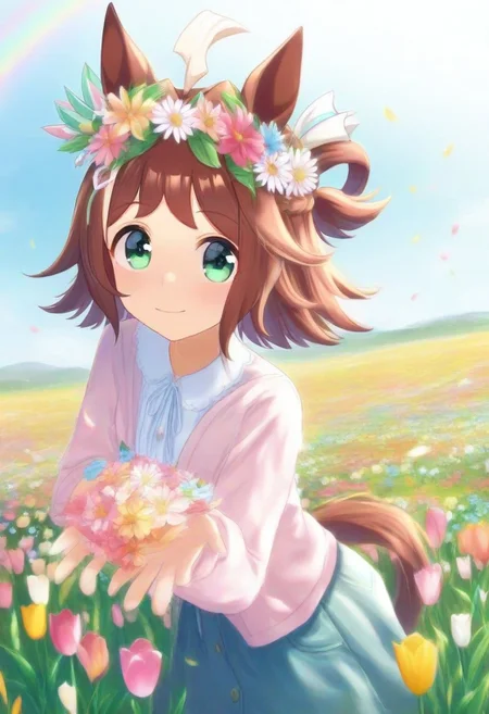 (umamusume, rhein_kraft_(umamusume), horse_ears, horse_girl, tail, 1girl, ahoge, animal_ears,)
casual, field, flower, flower_field, green_eyes, hair_between_eyes, hair_ornament,
head_wreath, looking_at_viewer, solo, aesthetic, absurdres, symmetric ,spiralling vortex made of multicoloured tulips, lush foliage sunrise, ripples, reflective, jaynl-tm, rainbow, , g0ldsw0rthy,
(realistic, photo, artistic, medium_hair, one_eye_closed, petals, relaxing, smile, : 0.7)