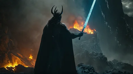 cinematic film still of  <lora:Unreal Engine style:0.3>
 <lora:detailed:0.3>
<lora:perfection style:0.3>
 <lora:Chiaroscuro Lighting Style:0.1> Chiaroscuro Lighting Style
 <lora:The Lord of the Rings style v2:0.8>
In a Fantasy Middle-earth world in the dark ages Balrog powerful demonic monster  staring at a man with a glowing staff and a magic sword standing in front of a big fire in hell,long hair,holding,blue hair,standing,weapon,from behind,glowing,fire,staff,monster,robe,holding staff,dragon,magic , dramatic light, dramatic shadow light, film contrast, cinematic film color, cinematic film look, filmic, realistic, realism, perfection, perfect, movie still, fantasy drama, epic drama, fictional, Age of Wonders, Age of Empires, warriors,  Medieval style, middle ages, dungeons and dragons style, different people, different, unique, kingdoms and castles, violent, aggressive, detailed, perfection, detailed face, detailed body, detailed hands, detailed eyes, sharp, horror themed, dark themed, epic fantasy adventure film style, Legendary, mythical, The Lord of the Rings style, shallow depth of field, vignette, highly detailed, high budget, bokeh, cinemascope, moody, epic, gorgeous, film grain, grainy
