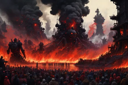 photorealistic, absurdres, red ink, complex, shrouded in dark smoke, black smoke, industrial wasteland, multiple fires, half submerged in a black oil pool, refection, masterpiece from a different dimension, complex detailed reflections, black rocks, mountain range, (ancient broken giant robots scattered, size difference:1.3),  <lora:pdcxl_v2_CivitAI:0.25>,   <lora:EdobHorrorLandscape_XL_v1.0:0.25> EdobHorrorLandscape,  <lora:PE_EpicLand:0.35> PEEpicLand, illustration, epic battle, 2 armies,  <lora:crowd_notrigger:1> <lora:detailed_notrigger:1>