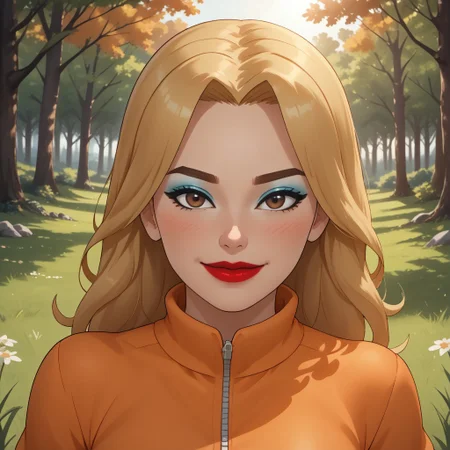score_9, score_8, BREAK, solo, wii, mii, wii sports, 1girl, female mii, cute, attractive, blonde hair, brown eyebrows, brown eyes, makeup, blush, blue eyeshadow, red lips, lipstick, orange clothing, white pants, shoes, breasts, nintendo mii, modern_mii, classic_mii, Marilyn_(OC_Mii), sexy pose, self portrait, smile, outdoors, sunlight, shadows, evening lighting, natural lighting, forest, trees, grass, orange sky, sunset
