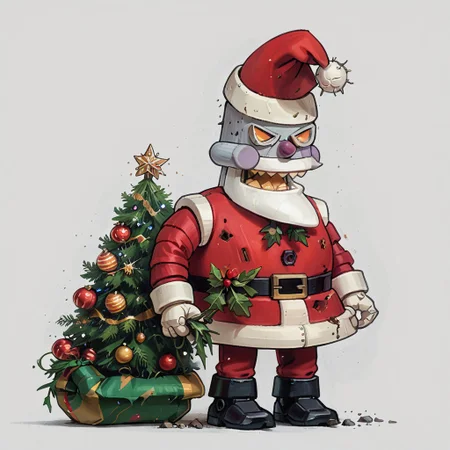 score_9, score_8_up, score_7_up, score_6_up, rating_safe,
r0b0t_s4nta_c1aus, solo, santa hat, santa_costume, pants,  christmas headwear, christmas clothing, solo, laughing manically, crushing present under foot,
simple background,