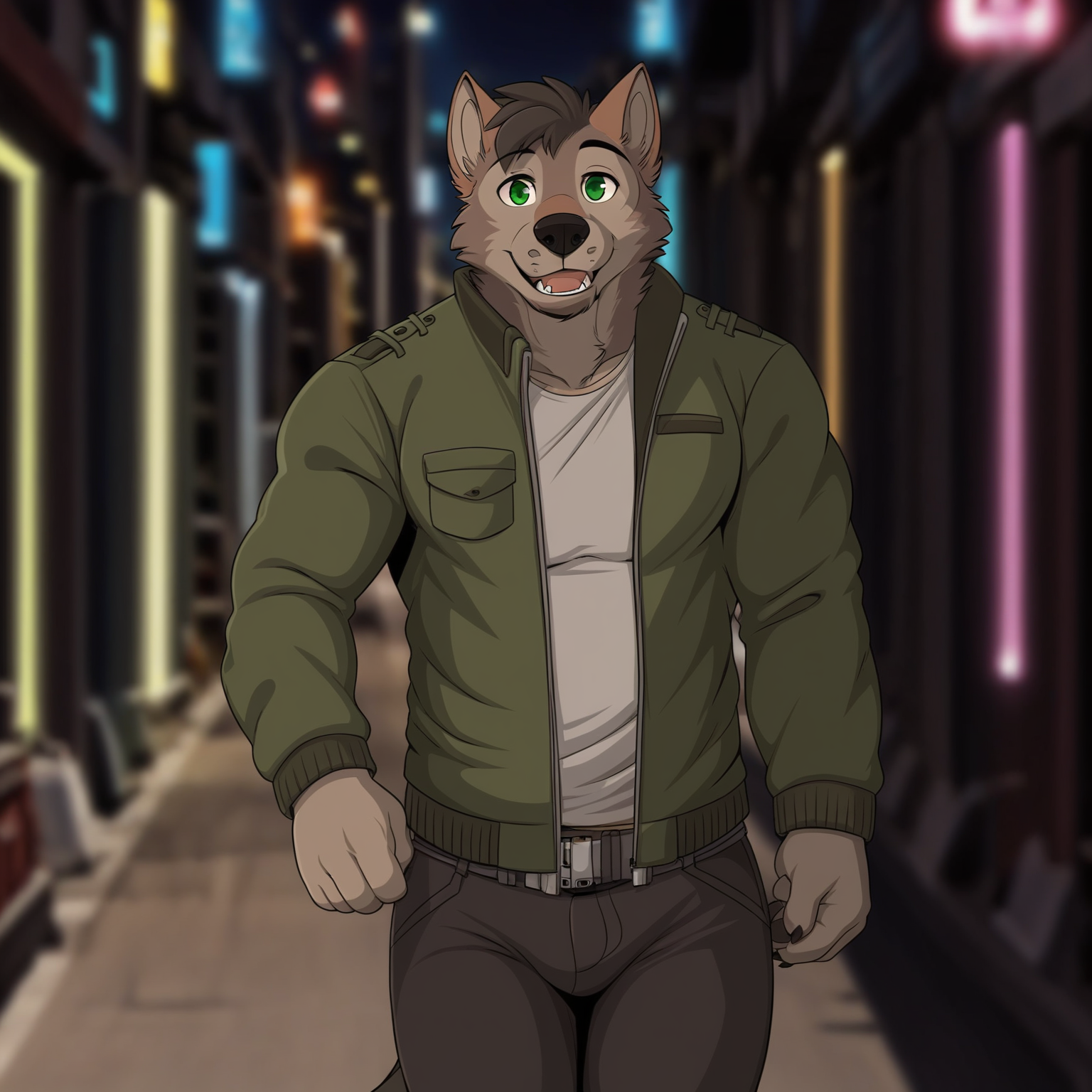 <lora:PatsyRTF:0.8>, patsy, male, solo, pants, open jacket, shirt, (walking:1.2), street, night, futuristic, neon lights,