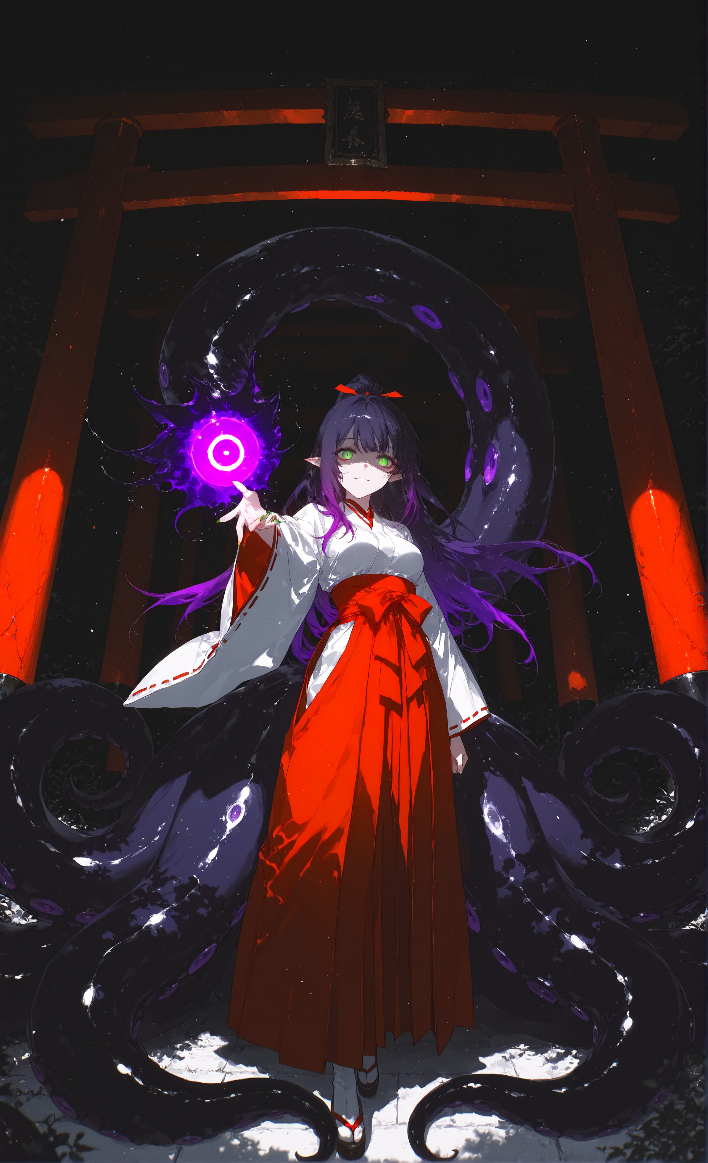 masterpiece, sharp detail, intricate detail, 1girl, (rella, konya karasue), glowing eyes, shaded face, soft smile, medium breasts, high ponytail, (dark deep purple upper hair), gradient hair, red eyeliner, (green tips), long hair, pointy ears, vivid green eyes, scylla, monster girl, 4 thin long purple tentacles growing from back, miko, long sleeves, outstretched hand, reaching out, inviting gesture, extended arm, perspective hand, reaching towards viewer, slightly off-center character, welcoming stance, immersive perspective, engaging pose
  BREAK torii, Lots of torii gates, Eerie, void portal in torii, BREAK backlighting,  partially illuminated face, chiaroscuro, volumetric lighting, dappled light, dramatic shadows, cinematic lighting, detailed background, light and shadow contrast, <lora:aboba_prime_3:0.7>,