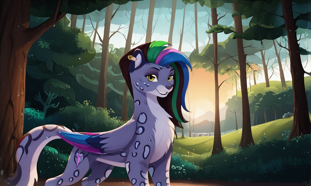 <lora:Allura_r1:1>Allura, pony Snow Leopard , score_9, score_8_up, score_7_up, score_6_up, , looking at viewer, woods background, (detailed background:1.7),
high quality, Big forest with yellow, green and red leaves at sunset, a small town with a church and a radio tower in the background, fantasy, professional canvas, triadic colors, deep color, volumetric lighting, shading with dark edges, richly detailed, matte background, style octane render,
<lora:Wholesome_MLP-v1.2:1> <lora:visualnovel_pony_SDXLPONY_r12_768_dim32-a1-adamW:1>