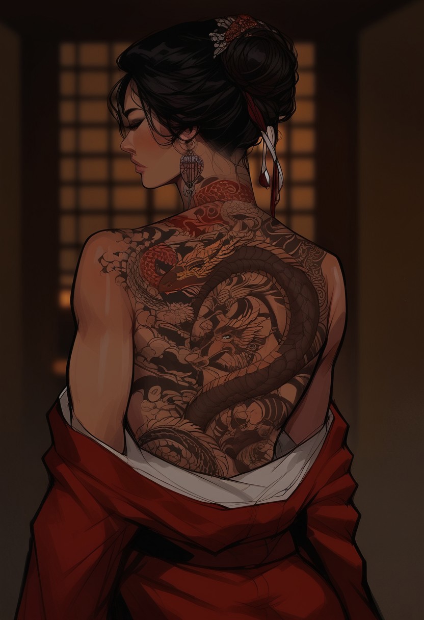 score_9, score_8_up, score_7_up, western cartoon, (((1girl, Asian,cheekbones, attractive woman,bare shoulders,seductive, Long Hair, Fine Hair, black hair, intricate hair style,))), in a Japanese bathhouse, inside, light skin, looking back, back tattoo, tattoo on back, tattoo extended to arms, upper body, hannya tattoo, back tattoo, view from behind, kimono, black and grey tattoo, dragon tattoo on back, dragon tattoo,