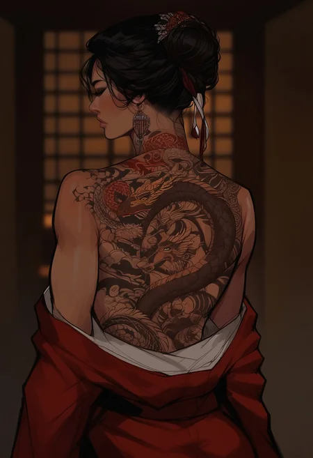 score_9, score_8_up, score_7_up, western cartoon, (((1girl, Asian,cheekbones, attractive woman,bare shoulders,seductive, Long Hair, Fine Hair, black hair, intricate hair style,))), in a Japanese bathhouse, inside, light skin, looking back, back tattoo, tattoo on back, tattoo extended to arms, upper body, hannya tattoo, back tattoo, view from behind, kimono, black and grey tattoo, dragon tattoo on back, dragon tattoo,