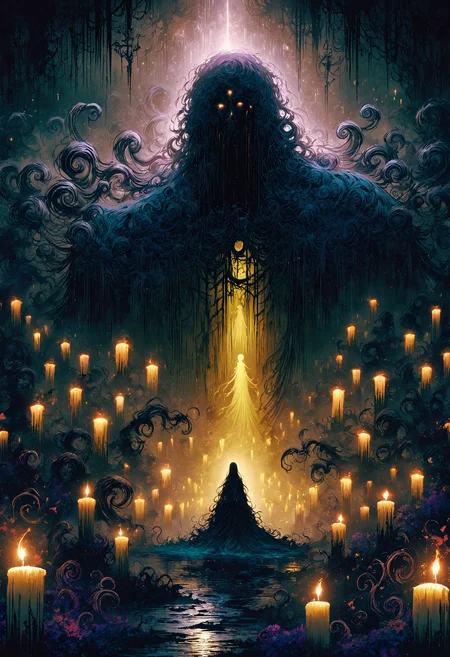 The family huddled together in a dimly lit, eerie atmosphere, surrounded by a thick, swirling dark mist that clings to their skin, with a clear, menacing shadowy figure looming within, its presence palpable and foreboding, evoking a sense of dread and unease; the mist's tendrils curl around them like skeletal fingers, illuminated by faint, flickering candlelight casting an otherworldly glow, with hues of deep blues and purples dominating the palette, and an air of antique, worn, and distressed textures adding to the haunting, cinematic quality of the scene.
<lora:DonM3t3rn1tyXL-v1.1:0.7>, DonM3t3rn1tyXL,
OverallDetailXL <lora:MJ52:0.3> <lora:SDXLFaeTastic2400:0.4> <lora:EpicF4nta5yXL:0.7>