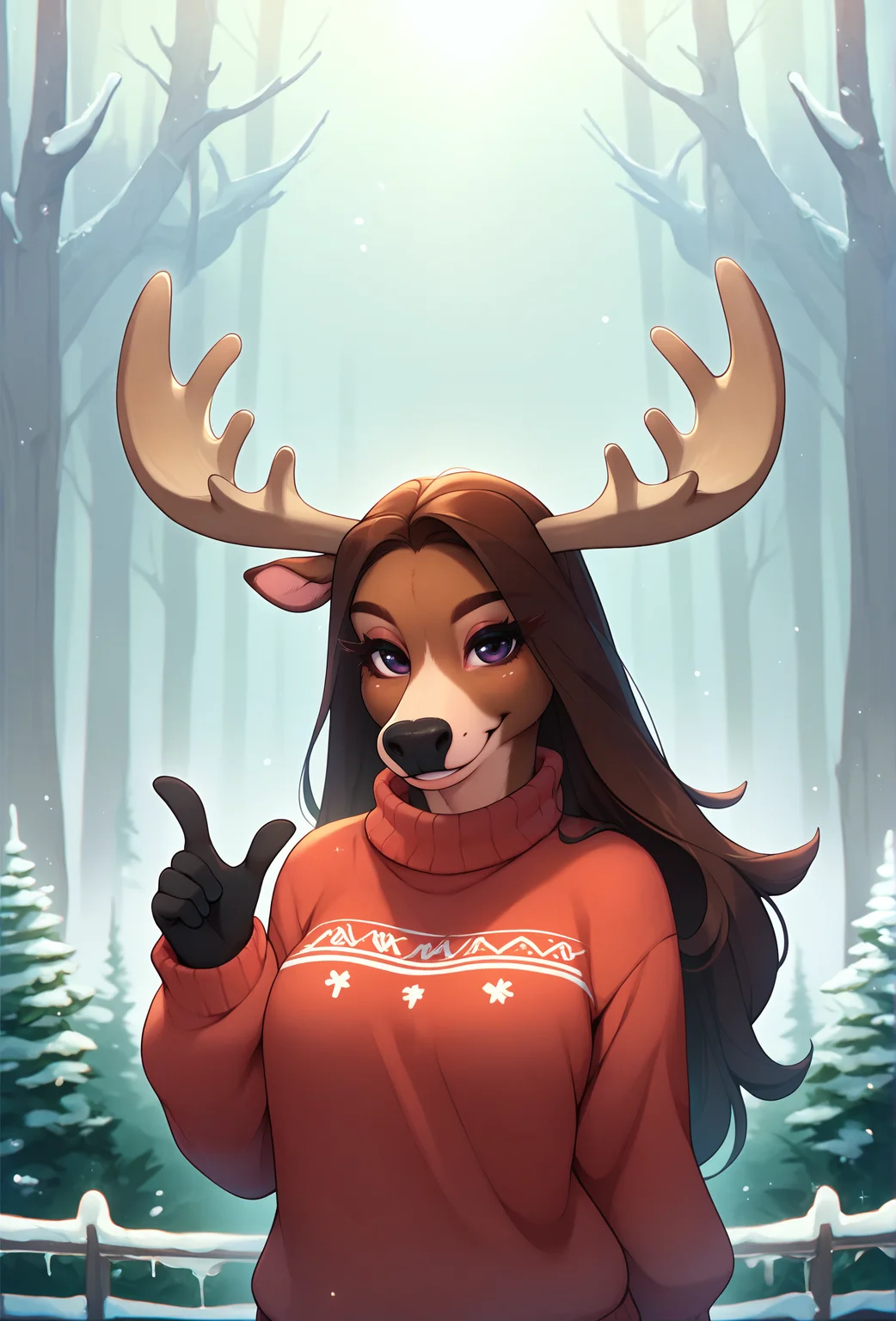 score_9, score_8_up, score_7_up, score_6_up, score_5_up, score_4_up, <lora:fluffkevlar_style_ponyXL_v1:1.0>,
1girl, furry, moose, sweater, smile, looking at viewer, long hair