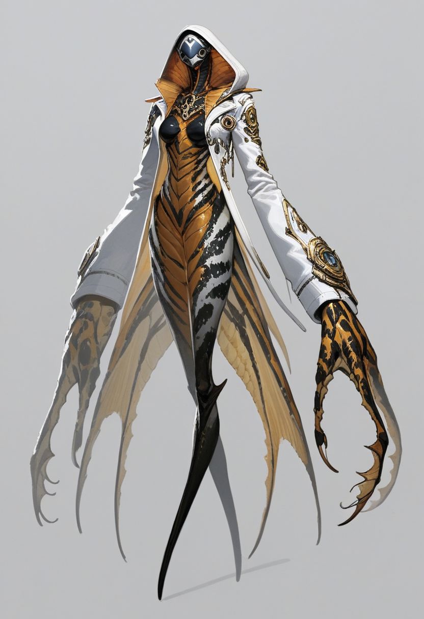 score_9, score_8_up, source_anime, anthropomorphic, unusual creature, creature, concept art, creature, concept art, creature, beautiful alien, anthropomorphic,adorable alien, hood, 1girl, snake, dripping, claws, very long hair, mask, colored skin, white jacket, sharp fingernails, arthropod girl, science fiction, medium breasts, fins