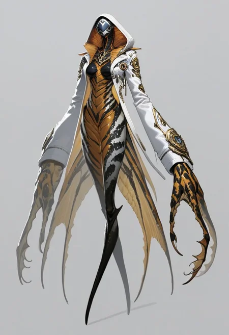score_9, score_8_up, source_anime, anthropomorphic, unusual creature, creature, concept art, creature, concept art, creature, beautiful alien, anthropomorphic,adorable alien, hood, 1girl, snake, dripping, claws, very long hair, mask, colored skin, white jacket, sharp fingernails, arthropod girl, science fiction, medium breasts, fins